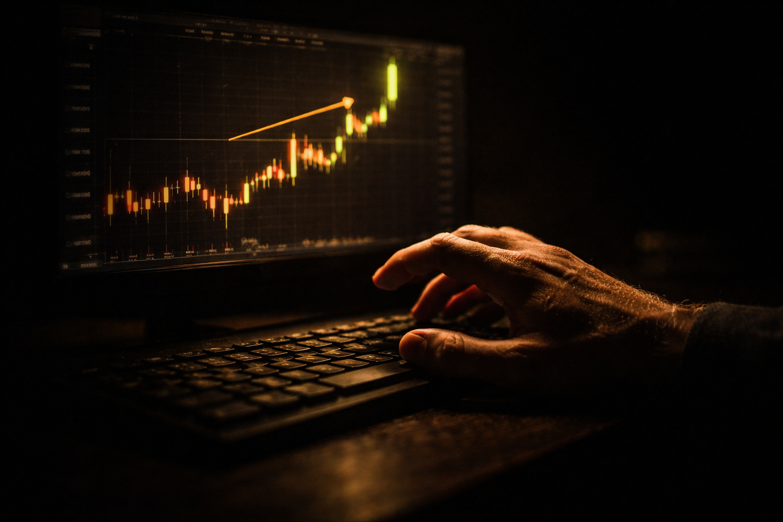 Trader z ręką zamrożoną nad myszką - moment paraliżu decyzyjnego